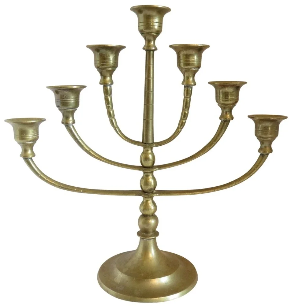 Vintage Solid Brass 7 Branch‎ Menorah Candelabra Traditional Judaica 11.5 Inch